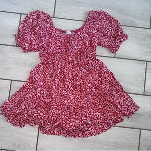 Red Floral Puff Sleeve Dress